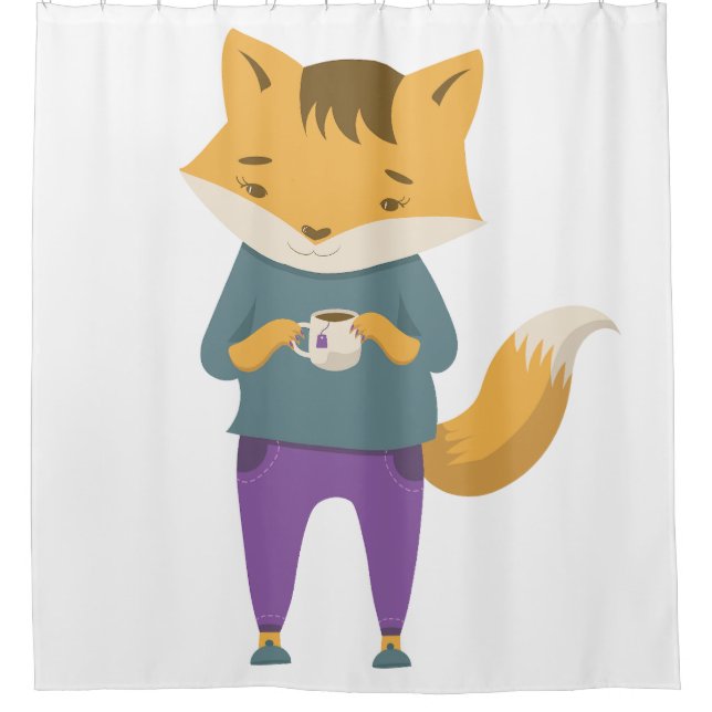 Cute fox with cup of tea shower curtain (Front)