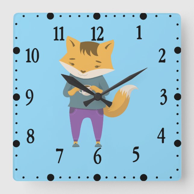 Cute fox with cup of tea square wall clock (Front)