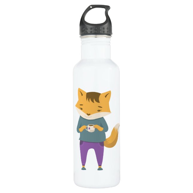 Cute fox with cup of tea stainless steel water bottle (Front)