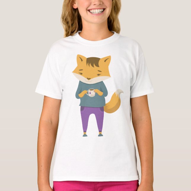 Cute fox with cup of tea T-Shirt (Front)