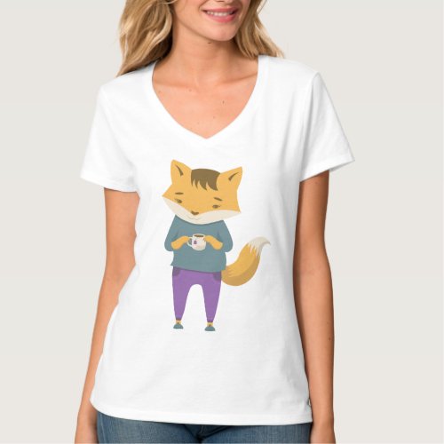 Cute fox with cup of tea T_Shirt