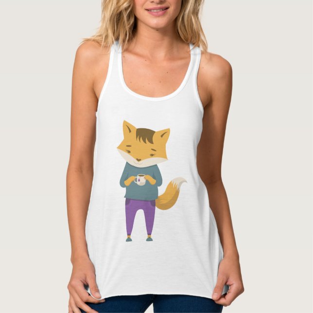 Cute fox with cup of tea tank top (Front)