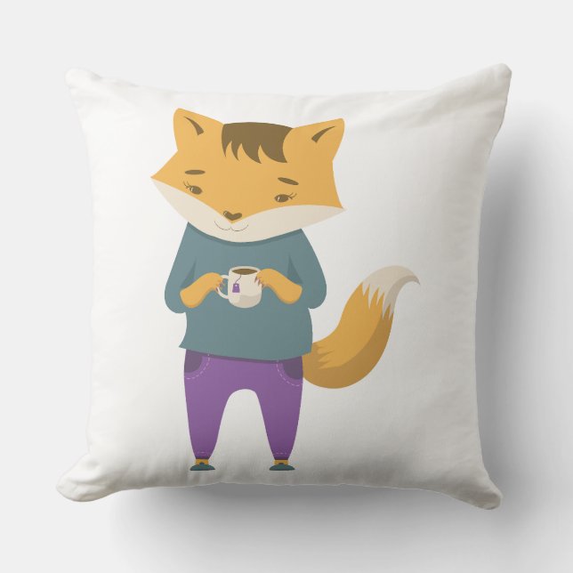 Cute fox with cup of tea throw pillow (Front)