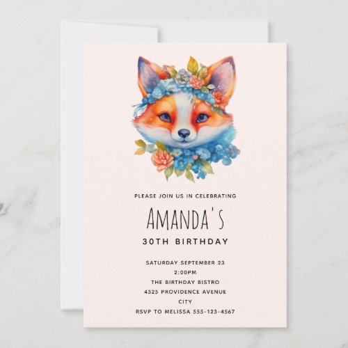 Cute Fox with Floral Crown Birthday Invitation