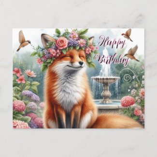 Cute Fox with Floral Crown Happy Birthday Postcard