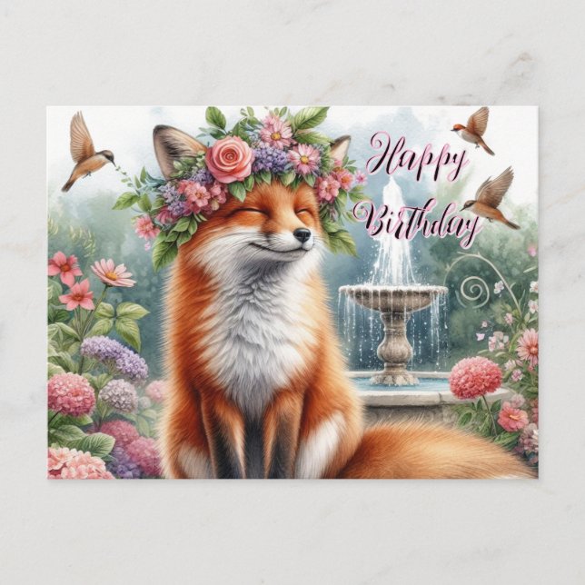 Cute Fox with Floral Crown Happy Birthday Postcard (Front)