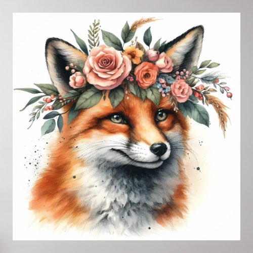Cute Fox with Floral Crown poster