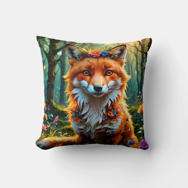 Cute Fox with Floral Crown Throw Pillow (Front)