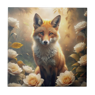 Cute Fox with Flowers Ceramic Tile