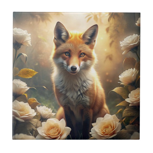Cute Fox with Flowers Ceramic Tile (Front)