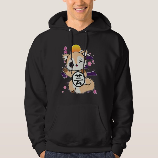 Cute Fox With Kanji And Japanese Aesthetic Hoodie (Front)