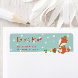 Cute Fox with Presents   Aqua Green Christmas Label