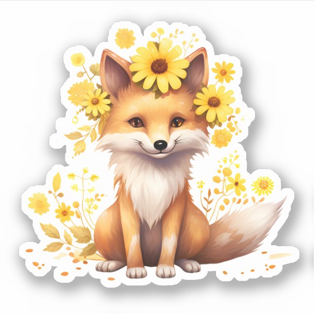 Cute Fox with sunflowers Sticker (Front)