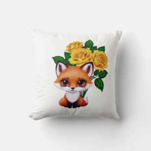 Cute Fox with Yellow Roses Throw Pillow