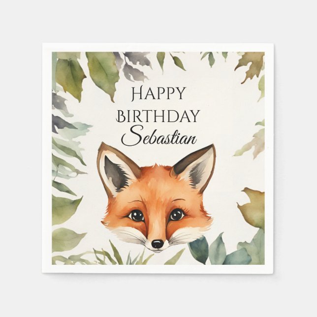 Cute Fox Woodland Animal Birthday Party Napkins (Front)