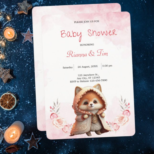 Cute Fox Woodland Animals Pink Floral Baby Shower  Invitation (Creator Uploaded)