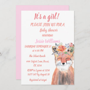 Cute Fox Woodland Animals Pink Rustic Baby Girl I Invitation
