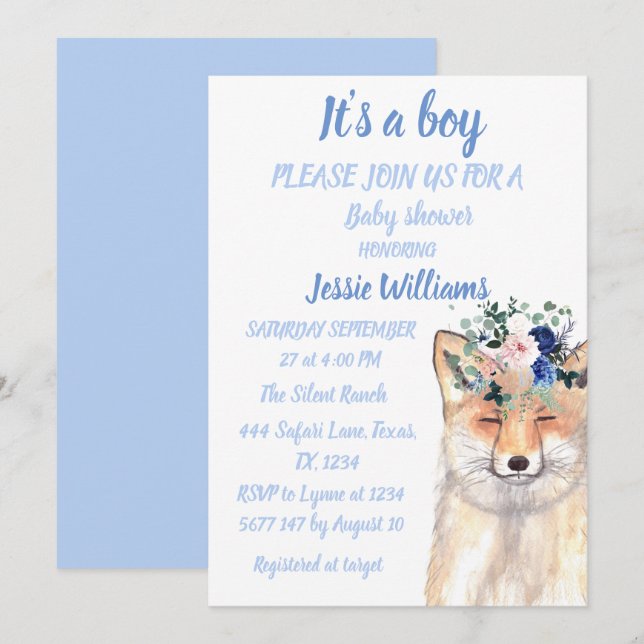 Cute Fox Woodland Animals Rustic Baby boy shower Invitation (Front/Back)