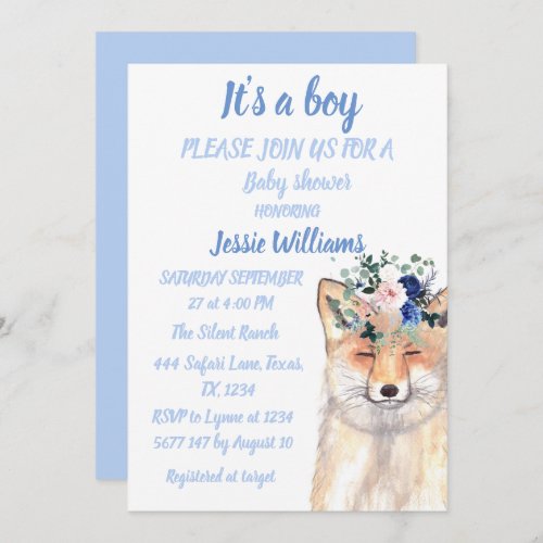 Cute Fox Woodland Animals Rustic Baby boy shower Invitation