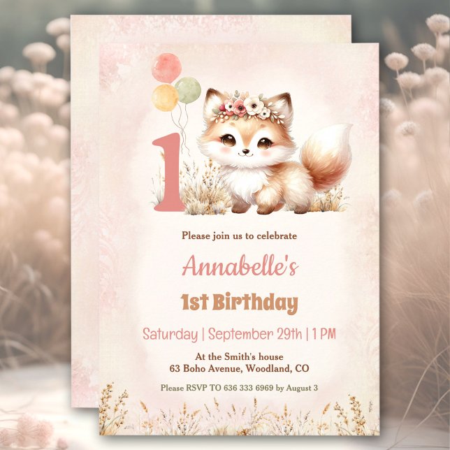 Cute Fox Woodland Boho Pastel Girl 1st Birthday  Invitation (Cute Fox Woodland Boho Pastel Girl 1st Birthday Invitation)
