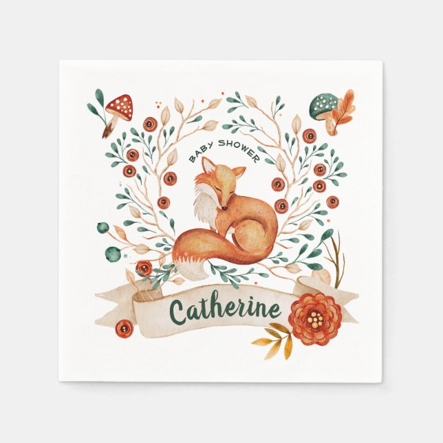 Cute fox woodland floral baby shower  napkins (Front)