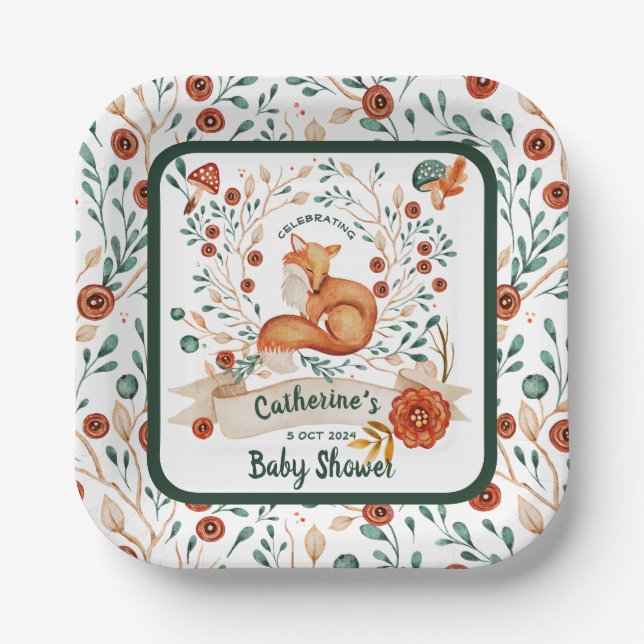 Cute fox woodland floral baby shower paper plates (Front)
