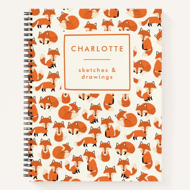 Cute Fox Woodland Forest Pattern Name Sketchbook Notebook (Front)