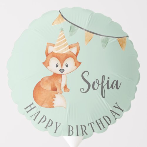 Cute Fox Woodland Happy Birthday Mint Green Balloon