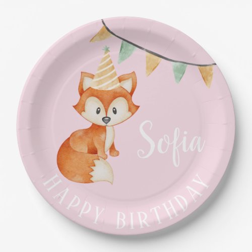 Cute Fox Woodland Happy Birthday pink Balloon Paper Plates
