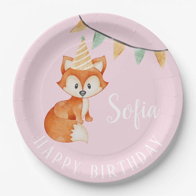 Cute Fox Woodland Happy Birthday pink Balloon Paper Plates (Front)