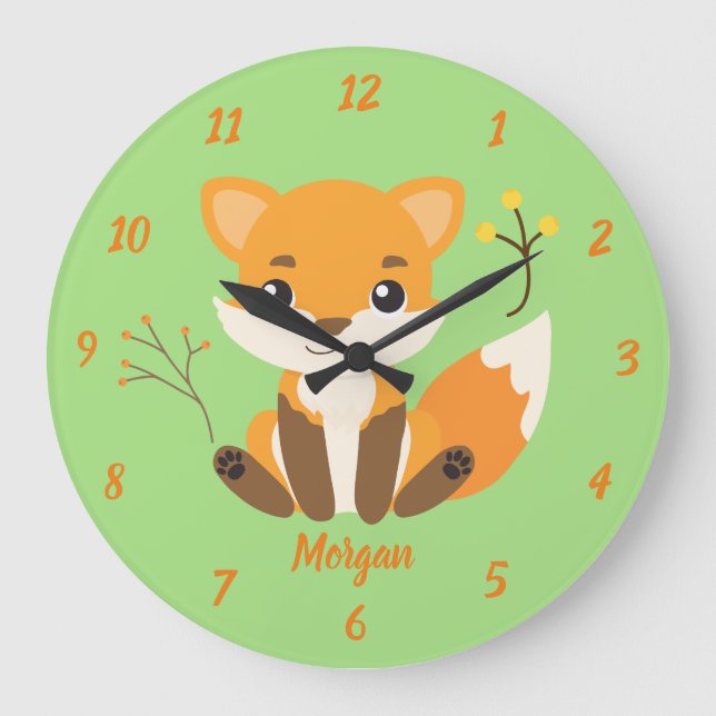 Cute Fox Woodland Nursery Green and Orange Large Clock (Front)