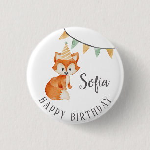Cute Fox Woodland Party Hat Happy Birthday Button