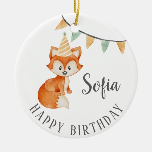 Cute Fox Woodland Party Hat Happy Birthday Ceramic Ornament