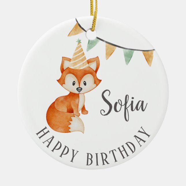 Cute Fox Woodland Party Hat Happy Birthday Ceramic Ornament (Front)