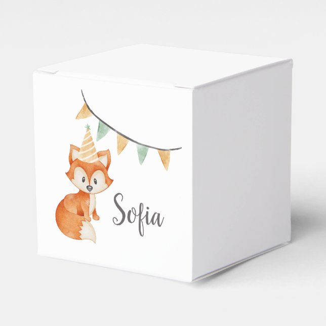 Cute Fox Woodland Party Hat Happy Birthday Favor Boxes (Front Side)