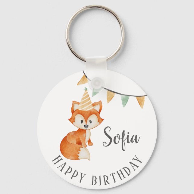 Cute Fox Woodland Party Hat Happy Birthday Keychain (Front)