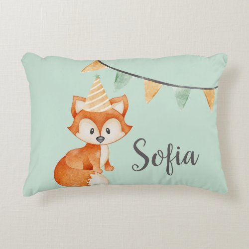 Cute Fox Woodland Party Hat Happy Birthday Mint Accent Pillow