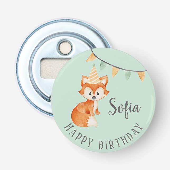Cute Fox Woodland Party Hat Happy Birthday Mint Bottle Opener (Front)