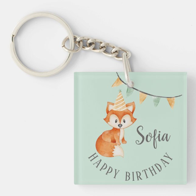 Cute Fox Woodland Party Hat Happy Birthday Mint Keychain (Front)