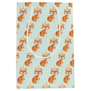 Cute Fox Woodland Party Hat Happy Birthday Mint Medium Gift Bag