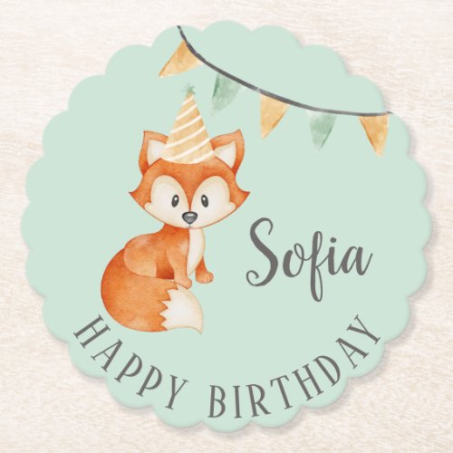Cute Fox Woodland Party Hat Happy Birthday Mint Paper Coaster