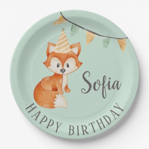 Cute Fox Woodland Party Hat Happy Birthday Mint Paper Plates