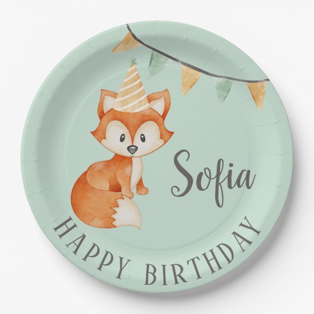 Cute Fox Woodland Party Hat Happy Birthday Mint Paper Plates (Front)