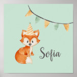 Cute Fox Woodland Party Hat Happy Birthday Mint Poster<br><div class="desc">Round off your child's birthday party favors with these kids party decorations with a pastel illustration featuring a cute fox wearing a party hat on a pink background for a woodland theme.</div>