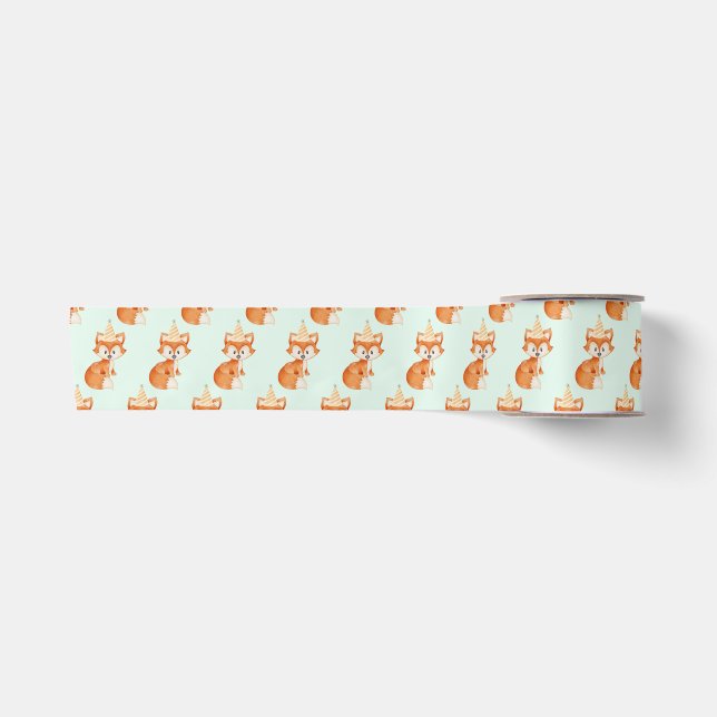 Cute Fox Woodland Party Hat Happy Birthday Mint Satin Ribbon (Front)
