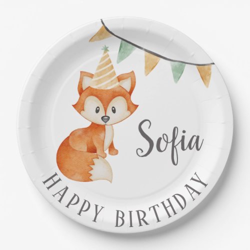Cute Fox Woodland Party Hat Happy Birthday Paper Plates