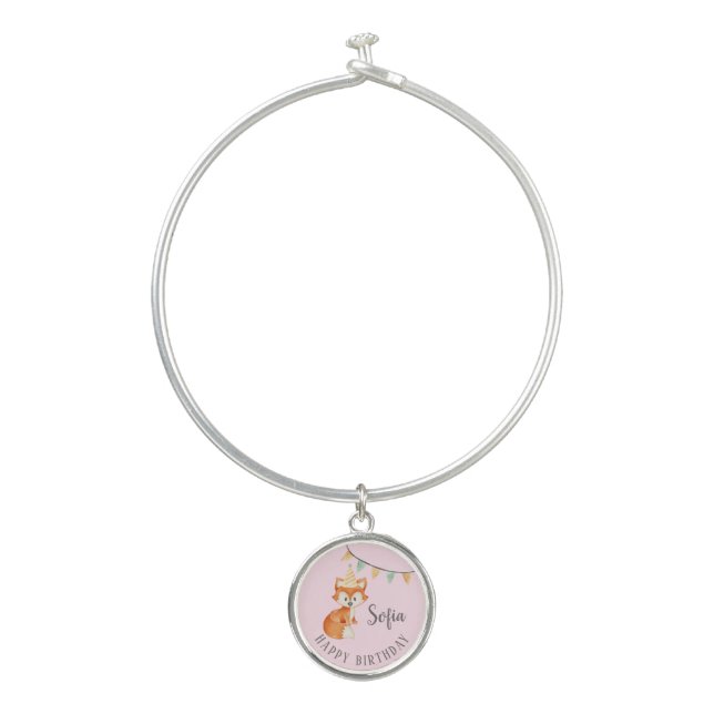 Cute Fox Woodland Party Hat Happy Birthday Pink Bangle Bracelet (Front)