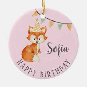 Cute Fox Woodland Party Hat Happy Birthday Pink Ceramic Ornament