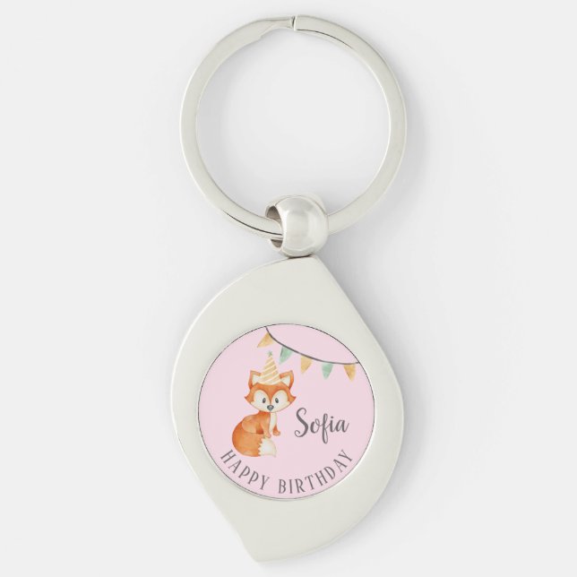 Cute Fox Woodland Party Hat Happy Birthday Pink Keychain (Front)