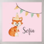 Cute Fox Woodland Party Hat Happy Birthday Pink Poster<br><div class="desc">Round off your child's birthday party favors with these kids party decorations with a pastel illustration featuring a cute fox wearing a party hat on a pink background for a woodland theme.</div>